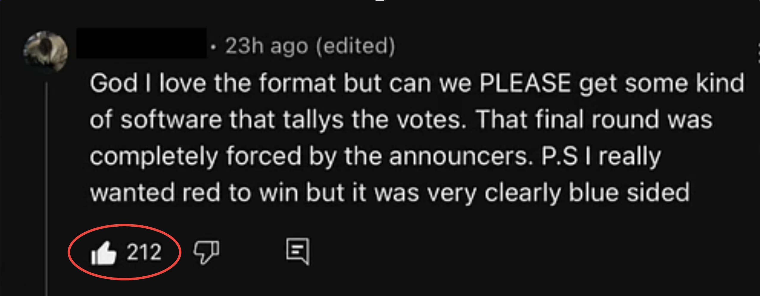 YouTube comment with 212 likes criticizing Red Bull scoring